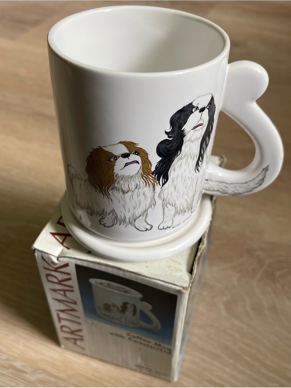 Vintage 1989 Artmark Japanese Chin Dog Coffee Mug and Lid/Coaster New in Box